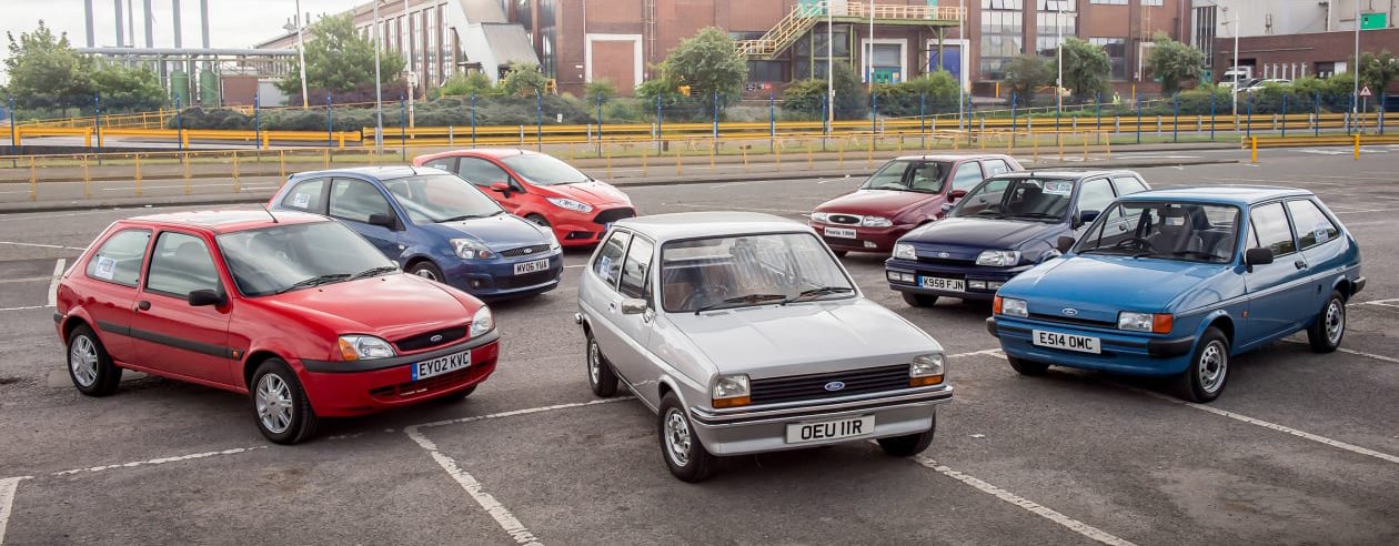 All seven generations of the Ford Fiesta parked up in one photograph